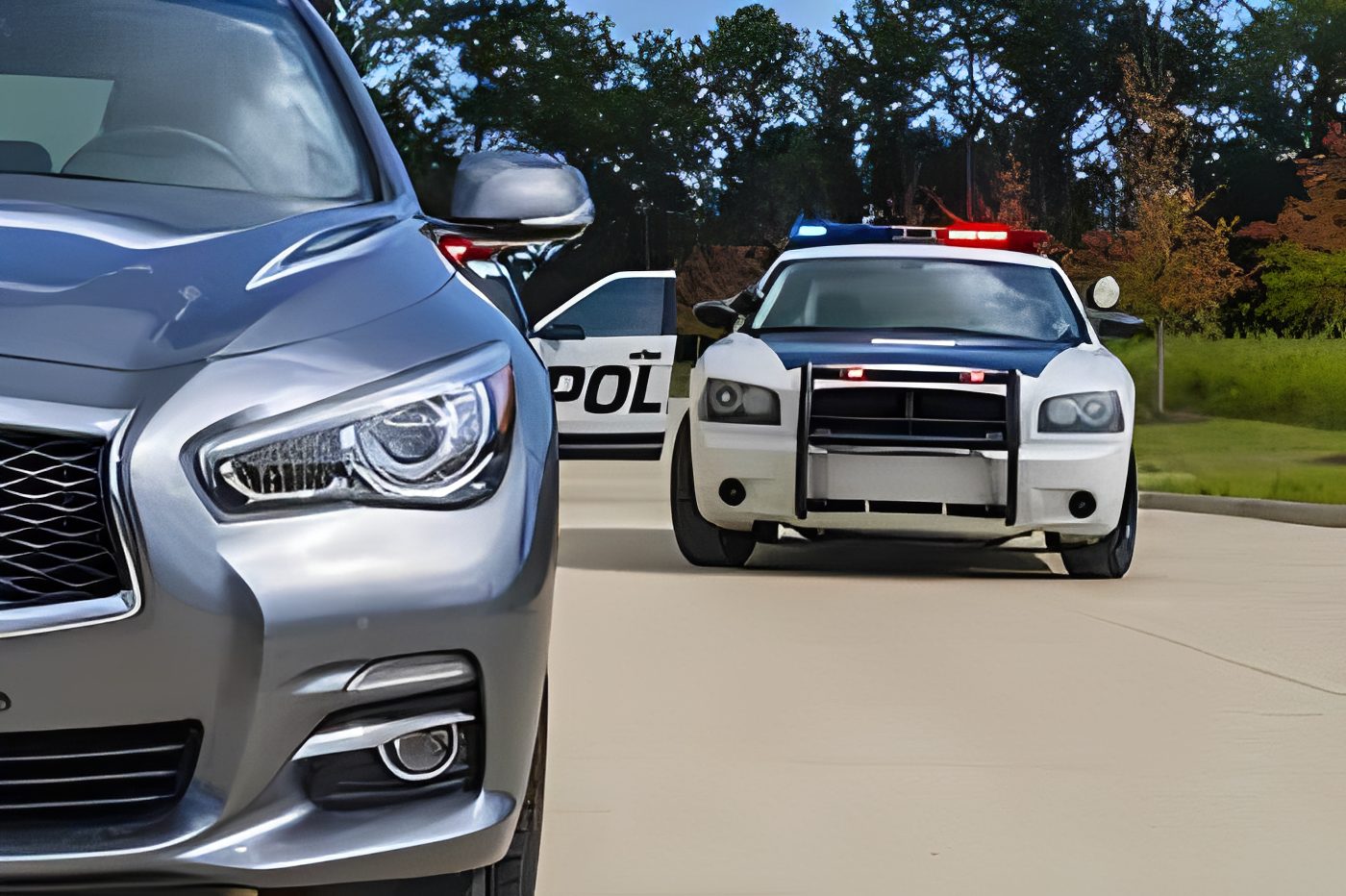 Police car with flashing lights behind sedan