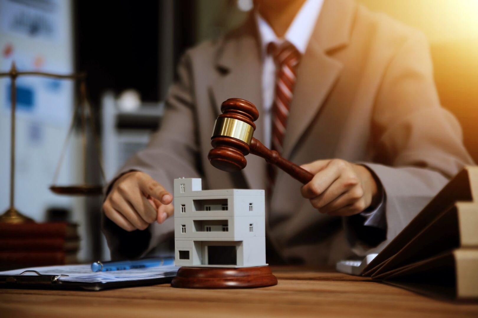 Lawyer with gavel and building model