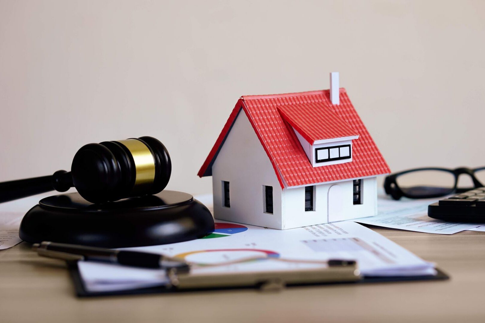 Property law symbol with gavel and house