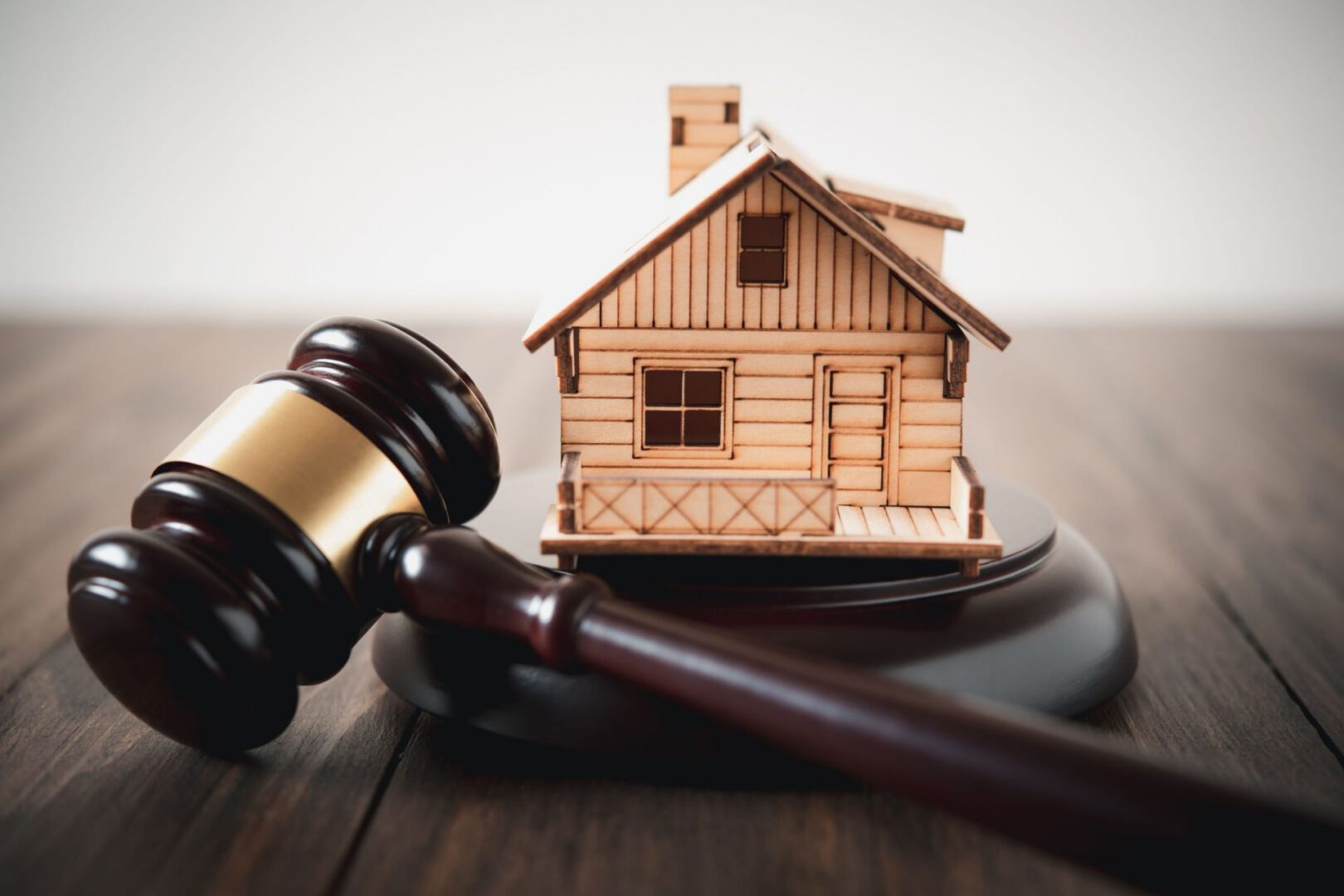Gavel beside small wooden house model