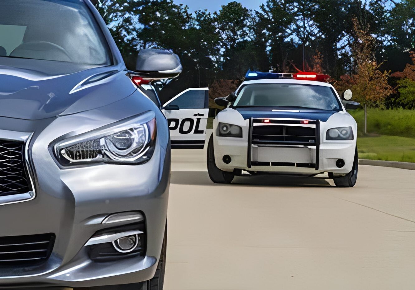 Police car with flashing lights behind sedan